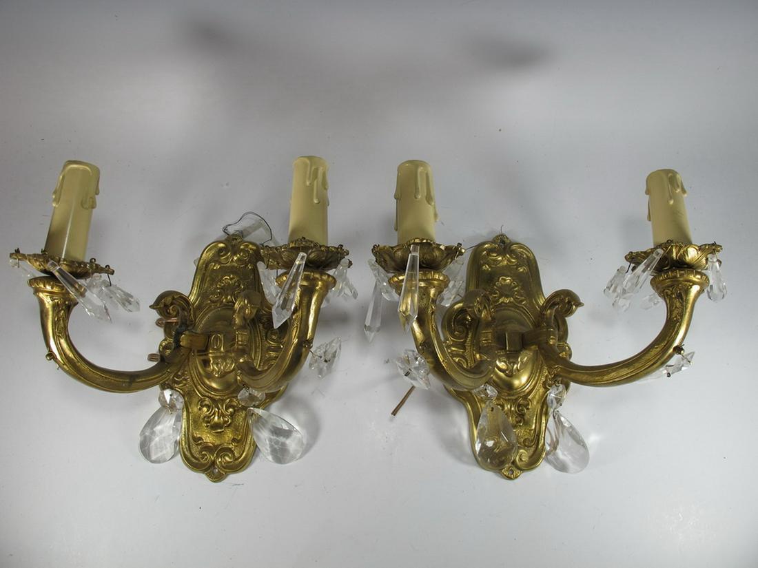 Vintage pair of French bronze & glass wall sconces: Vintage pair of French bronze & glass wall sconces. 9 1/4” H x 9 1/2” W x 7 1/2” D. ANY INVOICE OVER $ 2,000.00 WE WILL ACCEPT PAYMENTS ONLY THROUGH CHECK OR BANK WIRE TRANSFER, SAME