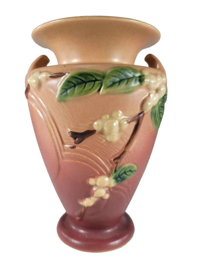 Vintage Roseville Pottery Pink Snowberry vase: Vintage Roseville Pottery Pink Snowberry vase. 8 1/4” H x 5 1/4” W. ANY INVOICE OVER $ 2,000.00 WE WILL ACCEPT PAYMENTS ONLY THROUGH CHECK OR BANK WIRE TRANSFER, SAME FOR INTERNATIONAL BUY