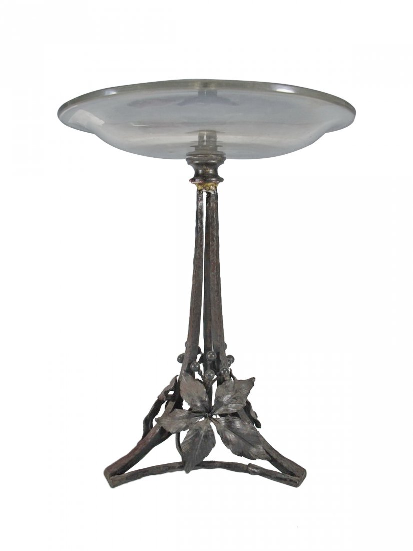 Antique French hammered iron & glass centerpiece: Antique French hammered iron & glass centerpiece. 10 3/4” H x 8 1/4” W. ANY INVOICE OVER $ 2,000.00 WE WILL ACCEPT PAYMENTS ONLY THROUGH CHECK OR BANK WIRE TRANSFER, SAME FOR INTERNATIONAL BUYERS.