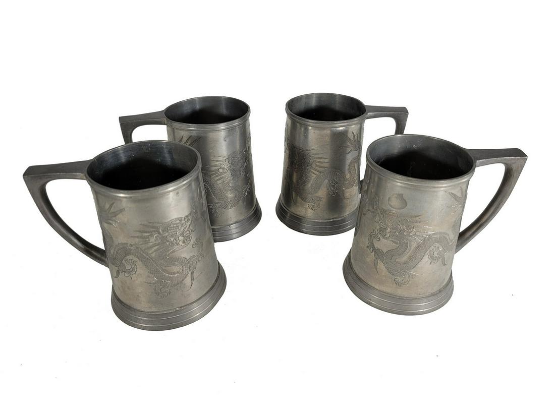 Antique European set of 4 pewter tankards: Antique European set of 4 pewter tankards. 4 7/8” H x 5 1/4” W. ANY INVOICE OVER $ 2,000.00 WE WILL ACCEPT PAYMENTS ONLY THROUGH CHECK OR BANK WIRE TRANSFER, SAME FOR INTERNATIONAL BUYERS.