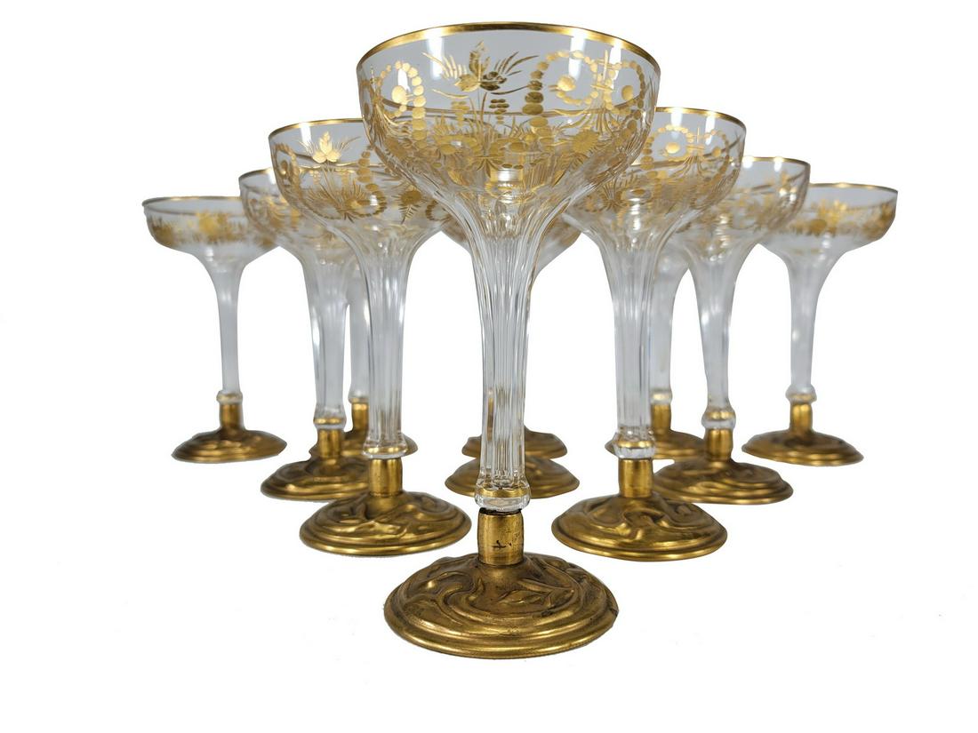 Antique set of 11 gilt crystal & bronze glasses (1 of 4)