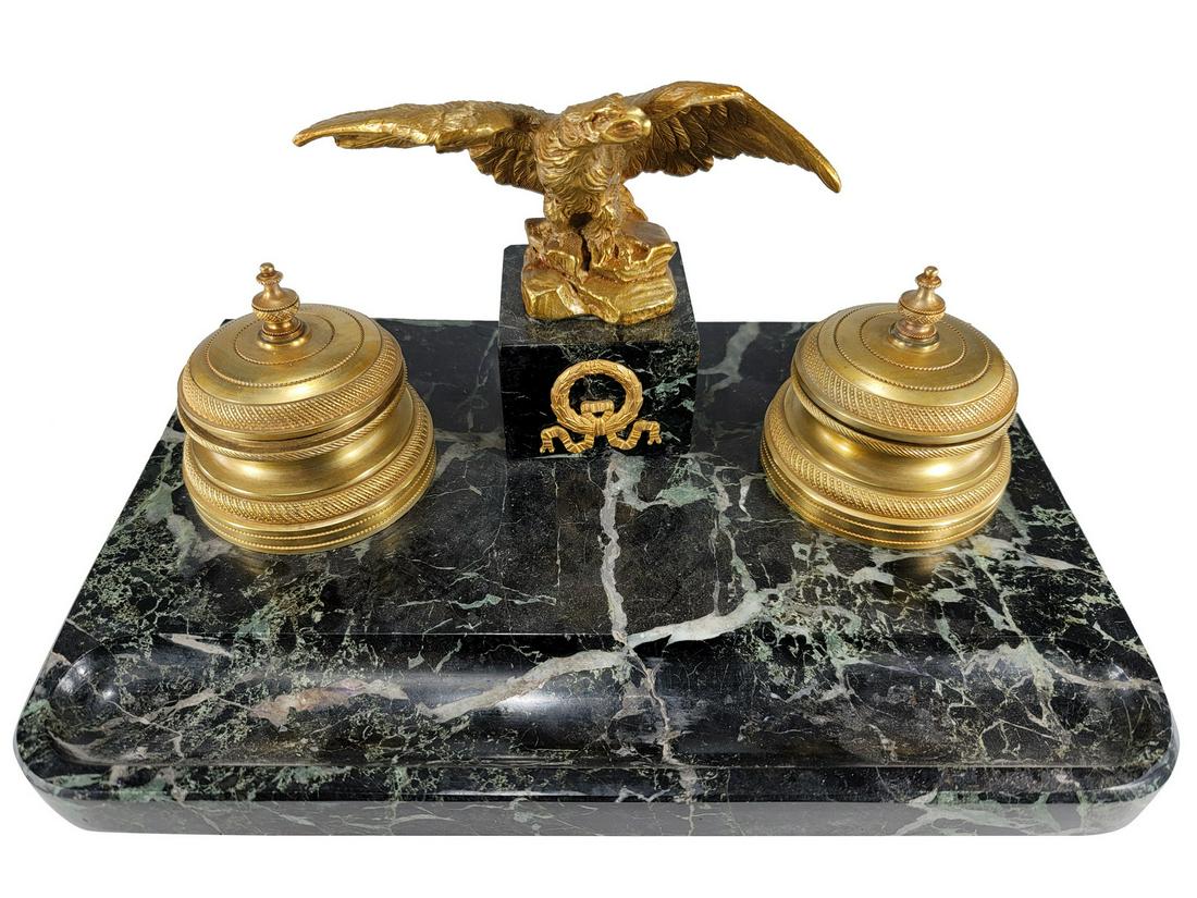 Antique French gilt bronze & marble eagle inkwell (1 of 7)