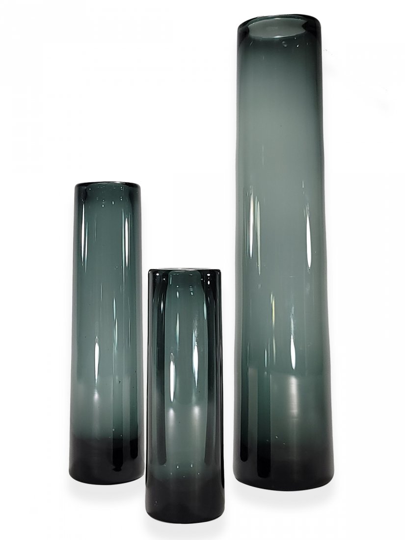 Holmegaard, Per Lutken, Denmark set of 3 glass vases: Holmegaard, Per Lutken, Denmark set of 3 glass vases. Bigger: 14 1/8” H x 3” W. ANY INVOICE OVER $ 2,000.00 WE WILL ACCEPT PAYMENTS ONLY THROUGH CHECK OR BANK WIRE TRANSFER, SAME FOR INTERNATIONAL