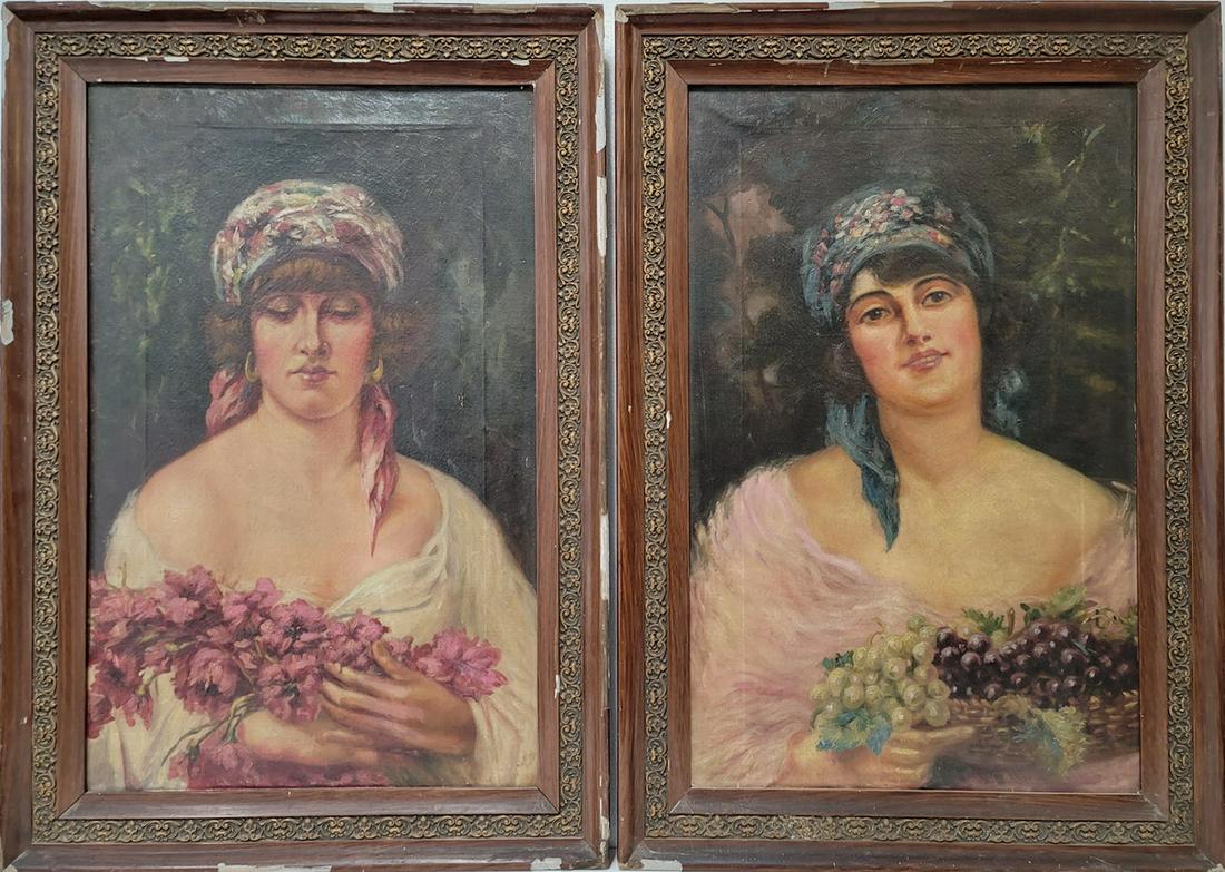 Vintage pair of oil on canvas women paintings (1 of 6)