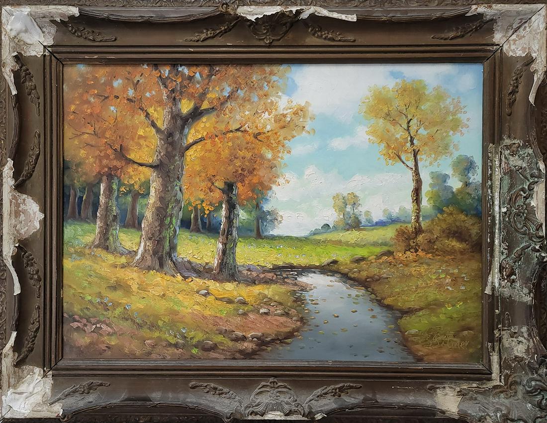 Vintage European oil on canvas landscape painting,: Vintage European oil on canvas landscape painting, signed. Size: 35 1/2” H x 27 5/8” W including frame. 27 1/2” H x 19 3/4” W without frame. ANY INVOICE OVER $ 2,000.00 WE WILL