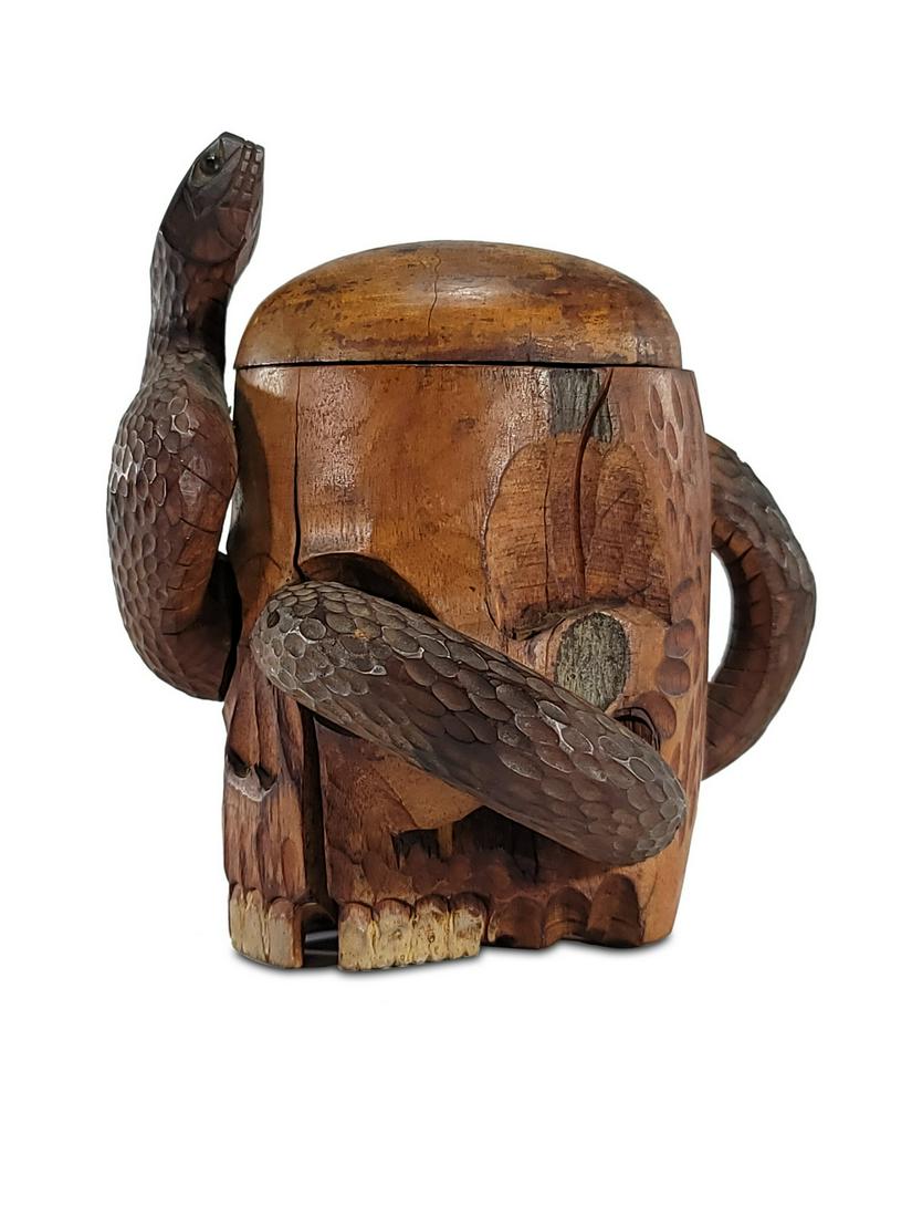 Vintage snake & skull carved wood jar (1 of 5)
