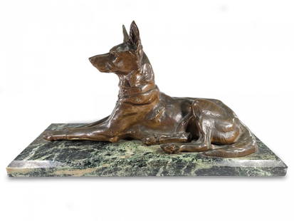 Maximilien Louis FIOT (1886-1953) France dog bronze: Maximilien Louis FIOT (1886-1953) France dog bronze sculpture. 11 1/2” H x 21 5/8” W x 8 1/4” D. ANY INVOICE OVER $ 2,000.00 WE WILL ACCEPT PAYMENTS ONLY THROUGH CHECK OR BANK WIRE T