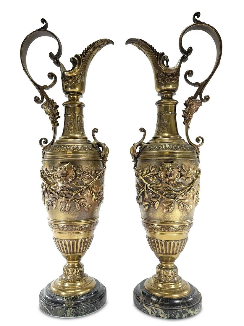 Antique French pair of bronze ewers with a marble base (1 of 8)