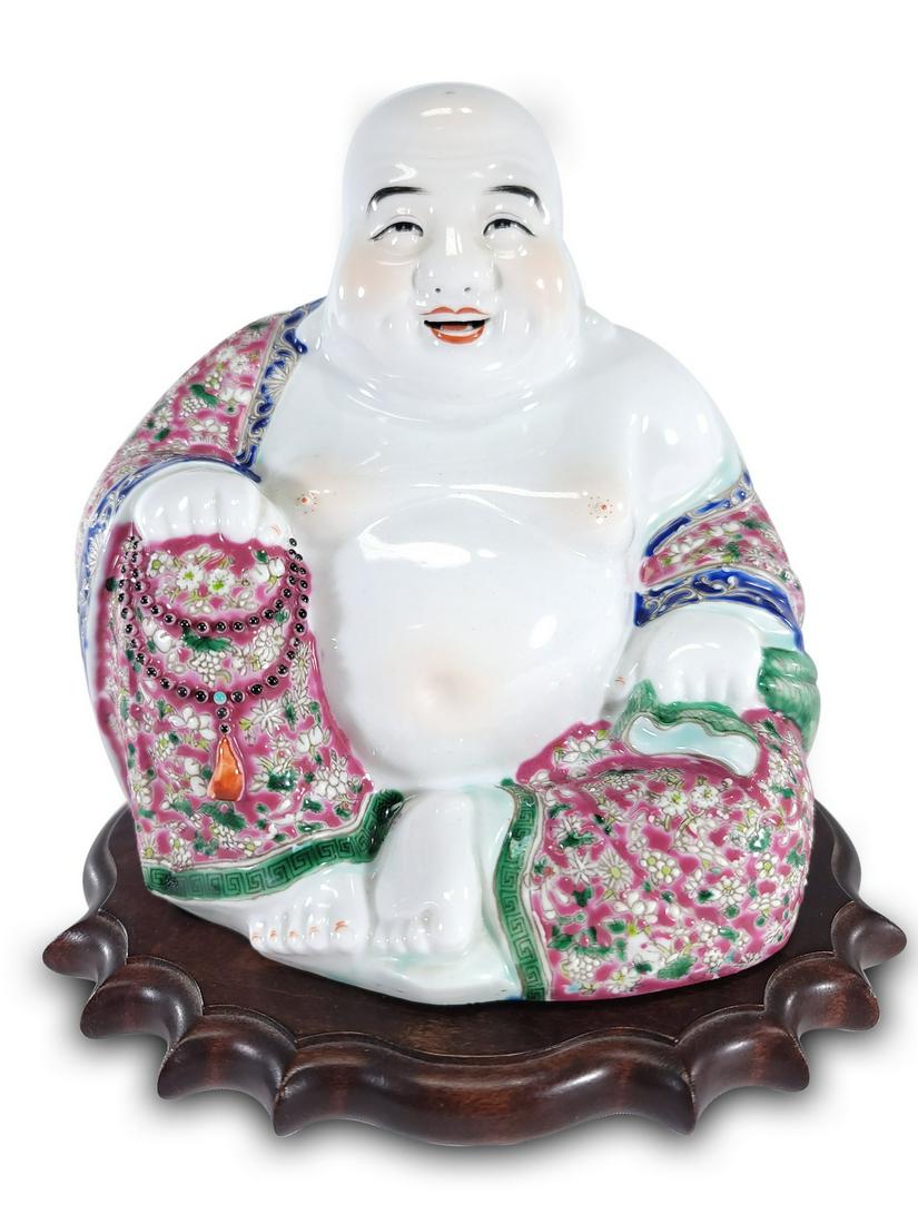 Vintage Chinese porcelain Buddha with a wood base (1 of 7)