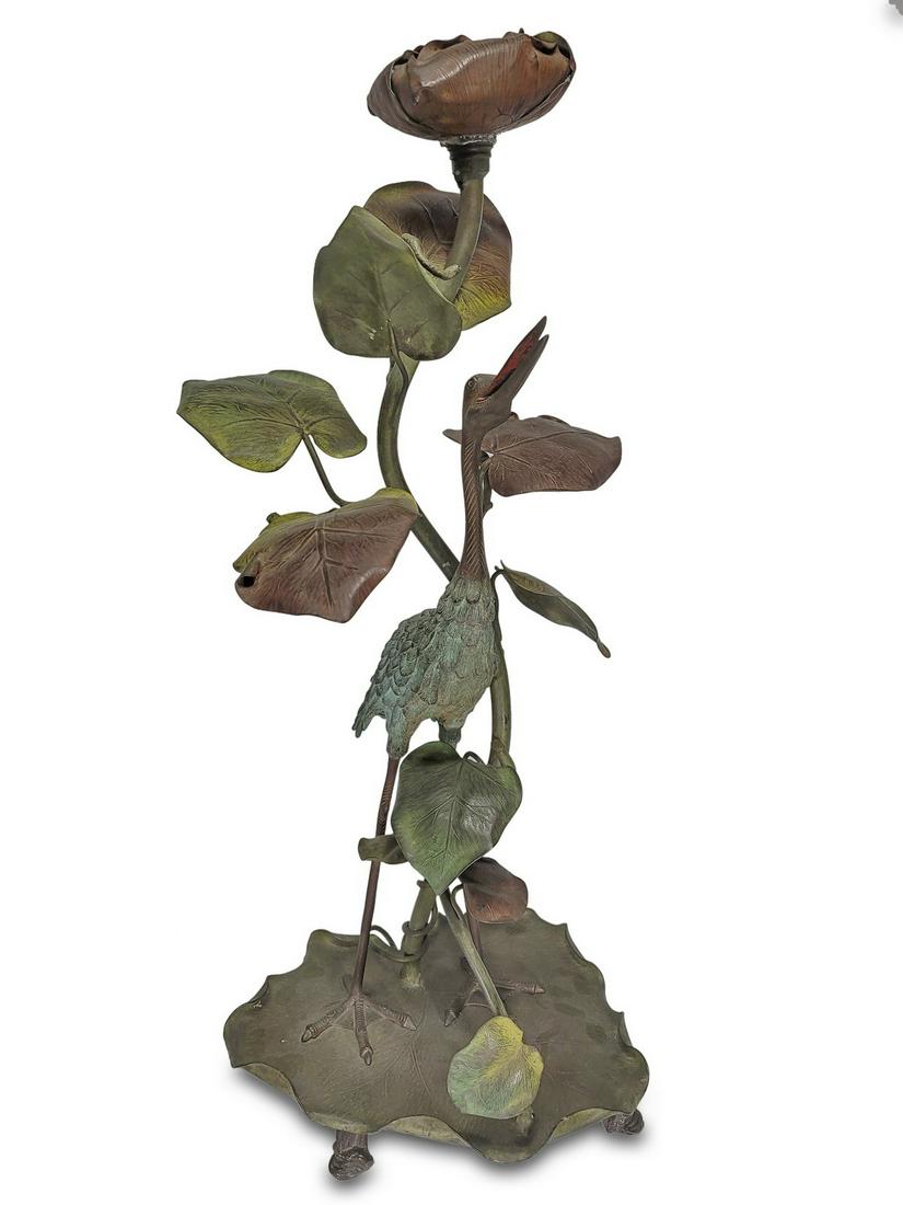 Antique Heron bird with plants iron sculpture: Antique Heron bird with plants iron sculpture, used like a lamp. 33 7/8” High x 15” Wide x 12” Deep. ANY INVOICE OVER $ 2,000.00 WE WILL ACCEPT PAYMENTS ONLY THROUGH CHECK OR BANK WI