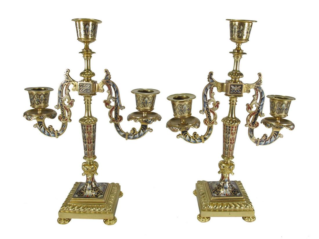 Antique pair of bronze champleve candellabras: Antique pair of bronze champleve candellabras. 11 1/8” H x 7 7/8” W x 3 5/8” D. ANY INVOICE OVER $ 2,000.00 WE WILL ACCEPT PAYMENTS ONLY THROUGH CHECK OR BANK WIRE TRANSFER, SAME FOR