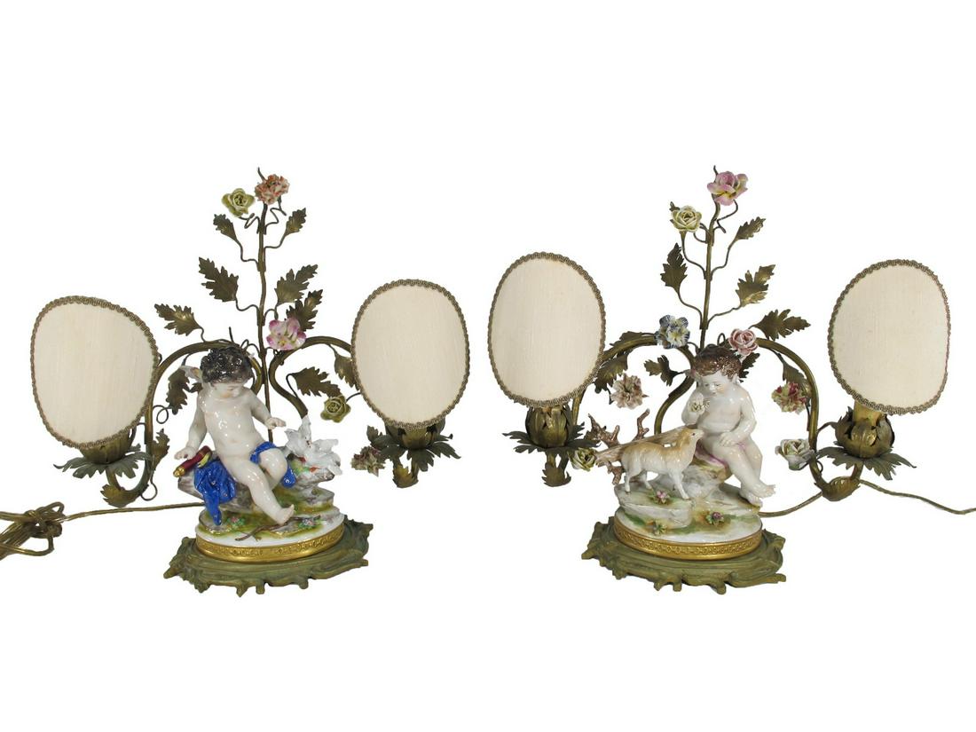 German Volkstedt pair of porcelain & bronze lamps (1 of 7)