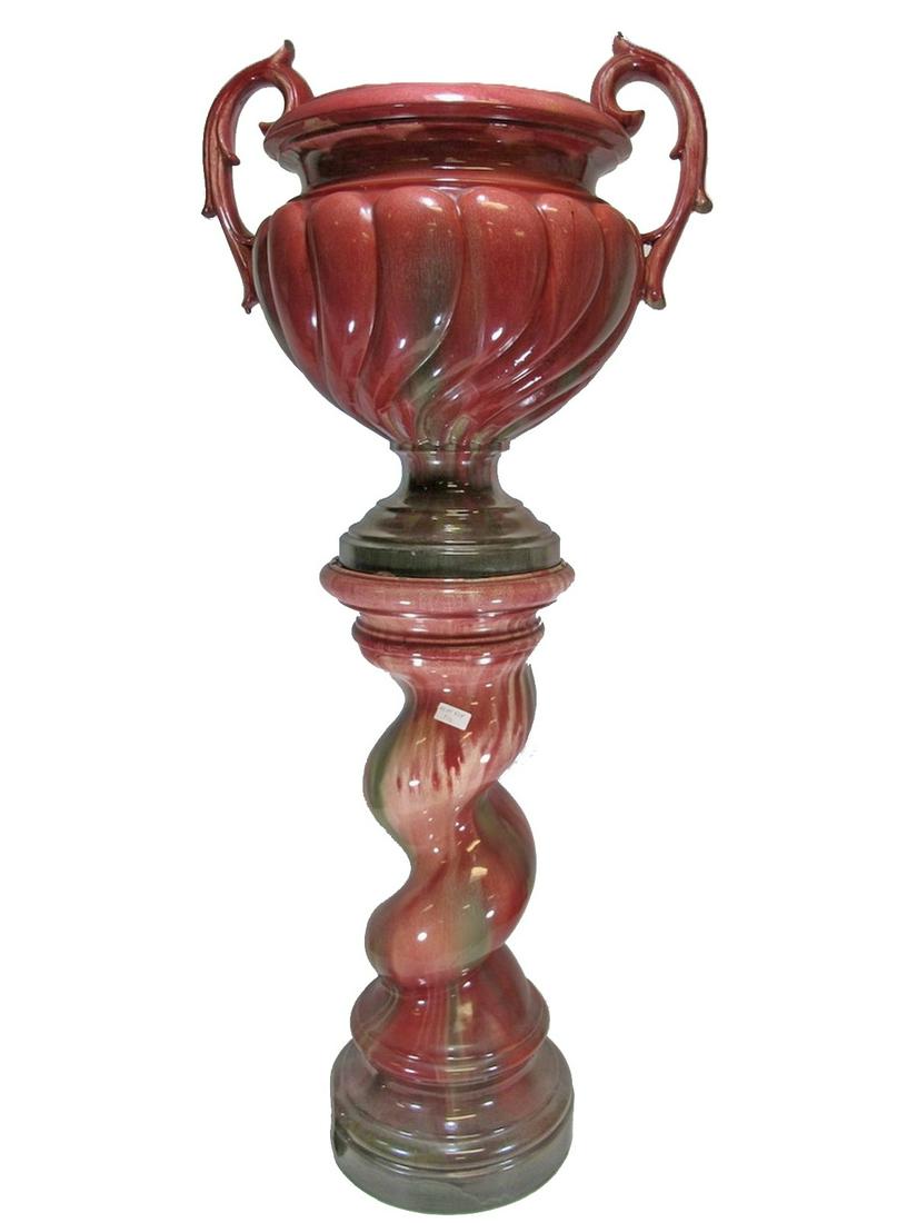 Jerome MASSIER (1850-1926) Vallauris French majolica: Jerome MASSIER (1850-1926) Vallauris French majolica planter with pedestal. Planter: 22 1/4” H x 22” W x 15 3/4” D, Pedestal: 29 3/4” H x 11 1/4” W top and 12 1/2”