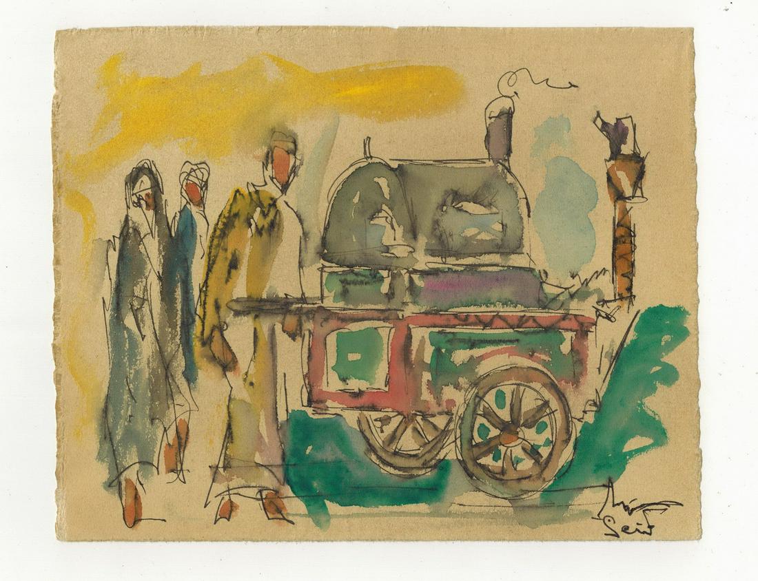 Seif WANLY (1906-1979) Egyptian artist watercolor: Seif WANLY (1906-1979) Egyptian artist watercolor od sweet potato seller. 6” H x 7 3/4” W. ANY INVOICE OVER $ 2,000.00 WE WILL ACCEPT PAYMENTS ONLY THROUGH CHECK OR BANK WIRE TRANSFER, SAM