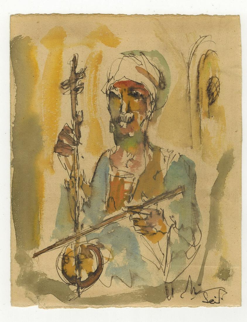 Seif WANLY (1906-1979) Egyptian artist watercolor: Seif WANLY (1906-1979) Egyptian artist watercolor of a mandolin player named Rabah. . 6” H x 7 3/4” W. ANY INVOICE OVER $ 2,000.00 WE WILL ACCEPT PAYMENTS ONLY THROUGH CHECK OR BANK WIRE T