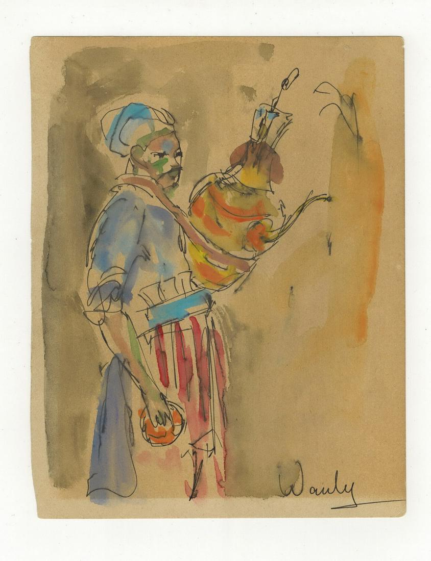 Seif WANLY (1906-1979) Egyptian artist watercolor: Seif WANLY (1906-1979) Egyptian artist watercolor of a seller. 6” H x 7 3/4” W. ANY INVOICE OVER $ 2,000.00 WE WILL ACCEPT PAYMENTS ONLY THROUGH CHECK OR BANK WIRE TRANSFER, SAME FOR INTER
