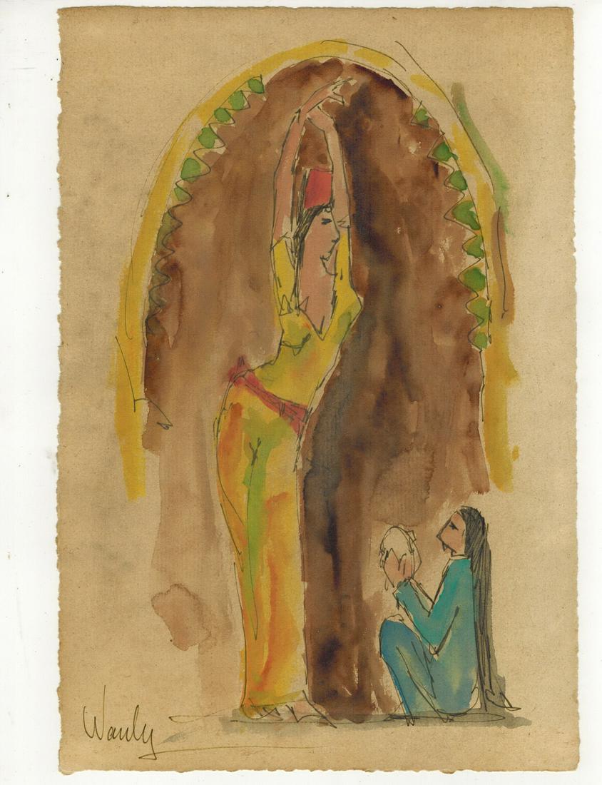 Seif WANLY (1906-1979) Egyptian artist watercolor: Seif WANLY (1906-1979) Egyptian artist watercolor of a Belly dancer practice. 10 1/2” H x 7 1/8” W. ANY INVOICE OVER $ 2,000.00 WE WILL ACCEPT PAYMENTS ONLY THROUGH CHECK OR BANK WIRE TRAN