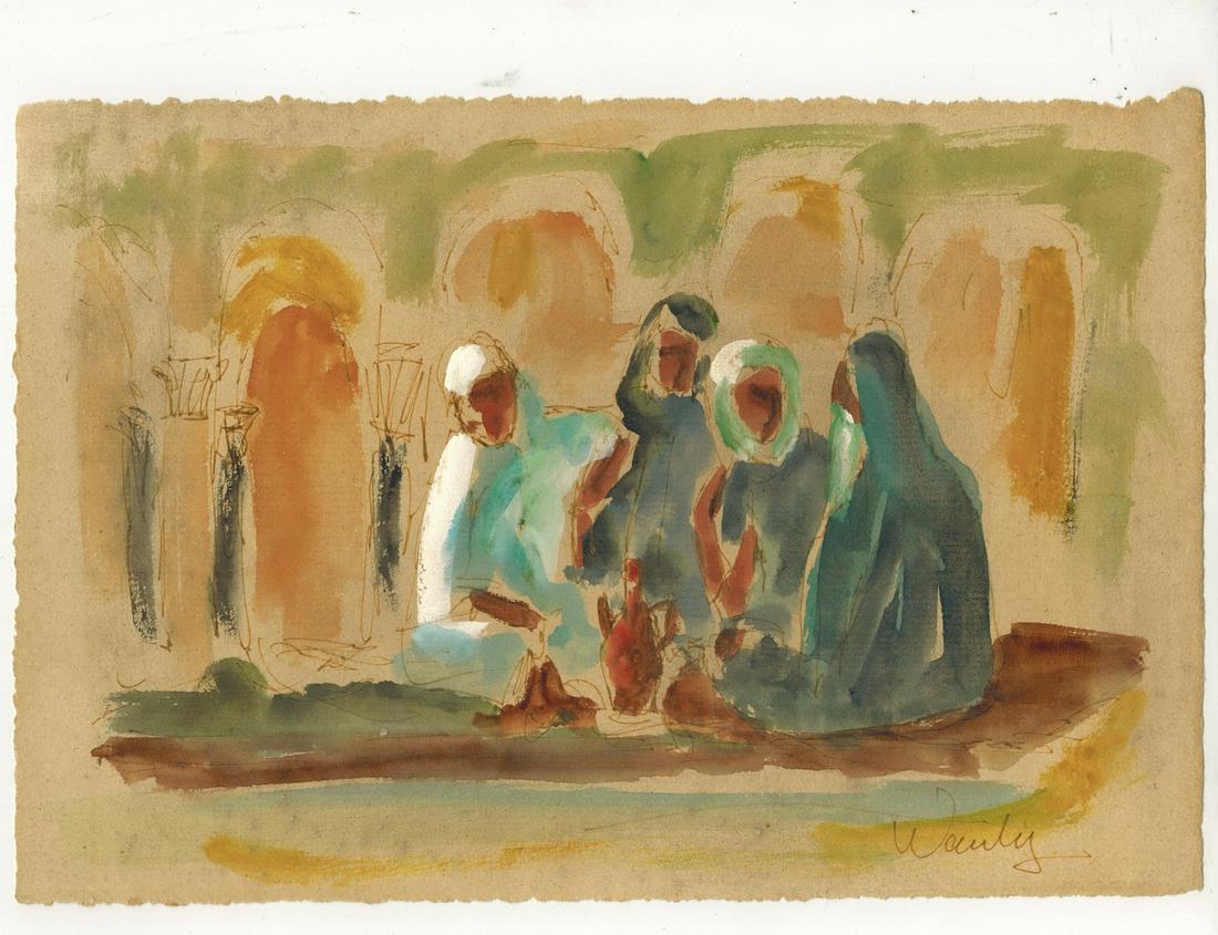 Seif WANLY (1906-1979) Egyptian artist watercolor: Seif WANLY (1906-1979) Egyptian artist watercolor of an Egyptian wedding. 10 1/2” H x 7 1/8” W. ANY INVOICE OVER $ 2,000.00 WE WILL ACCEPT PAYMENTS ONLY THROUGH CHECK OR BANK WIRE TRANSFER