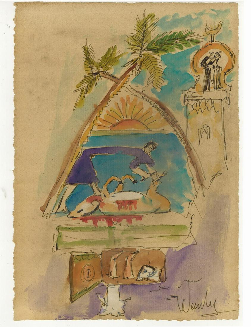 Seif WANLY (1906-1979) Egyptian artist watercolor: Seif WANLY (1906-1979) Egyptian artist watercolor of a feast. 10 1/2” H x 7 1/8” W. ANY INVOICE OVER $ 2,000.00 WE WILL ACCEPT PAYMENTS ONLY THROUGH CHECK OR BANK WIRE TRANSFER, SAME FOR I