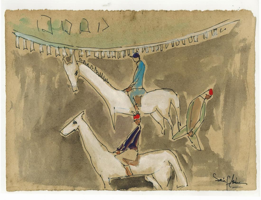 Seif WANLY (1906-1979) Egyptian artist watercolor: Seif WANLY (1906-1979) Egyptian artist watercolor of Jockeys. 10 1/2” H x 7 1/8” W. ANY INVOICE OVER $ 2,000.00 WE WILL ACCEPT PAYMENTS ONLY THROUGH CHECK OR BANK WIRE TRANSFER, SAME FOR I