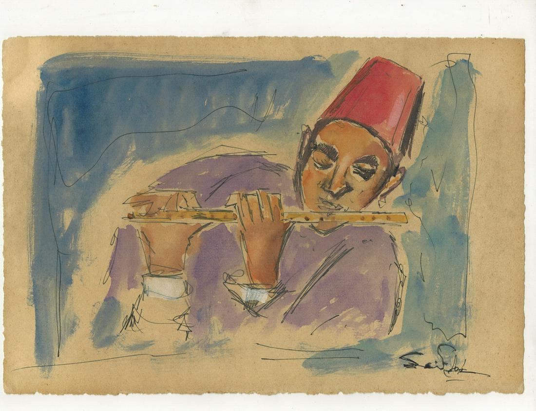 Seif WANLY (1906-1979) Egyptian artist watercolor: Seif WANLY (1906-1979) Egyptian artist watercolor of a flute player Nay. 10 1/2” H x 7 1/8” W. ANY INVOICE OVER $ 2,000.00 WE WILL ACCEPT PAYMENTS ONLY THROUGH CHECK OR BANK WIRE TRANSFER,