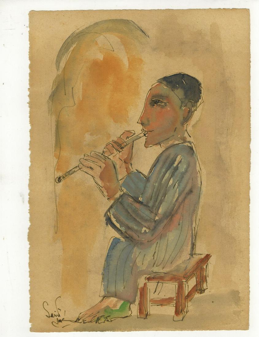 Seif WANLY (1906-1979) Egyptian artist watercolor: Seif WANLY (1906-1979) Egyptian artist watercolor of a flute player Nay. 10 1/2” H x 7 1/8” W. ANY INVOICE OVER $ 2,000.00 WE WILL ACCEPT PAYMENTS ONLY THROUGH CHECK OR BANK WIRE TRANSFER,