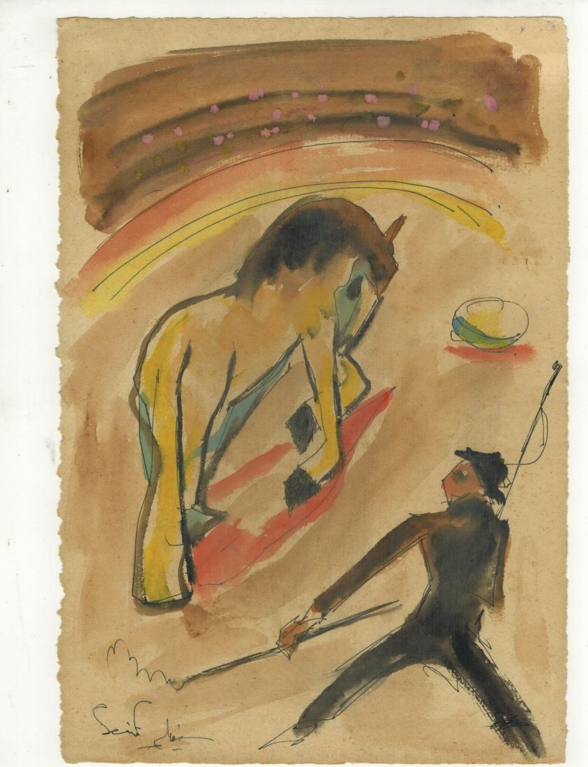 Seif WANLY (1906-1979) Egyptian artist watercolor: Seif WANLY (1906-1979) Egyptian artist watercolor of a circus. 10 1/2” H x 7 1/8” W. ANY INVOICE OVER $ 2,000.00 WE WILL ACCEPT PAYMENTS ONLY THROUGH CHECK OR BANK WIRE TRANSFER, SAME FOR