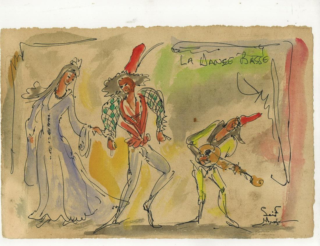 Seif WANLY (1906-1979) Egyptian artist watercolor: Seif WANLY (1906-1979) Egyptian artist watercolor of La Basse Danse. 10 1/2” H x 7 1/8” W. ANY INVOICE OVER $ 2,000.00 WE WILL ACCEPT PAYMENTS ONLY THROUGH CHECK OR BANK WIRE TRANSFER, SAM