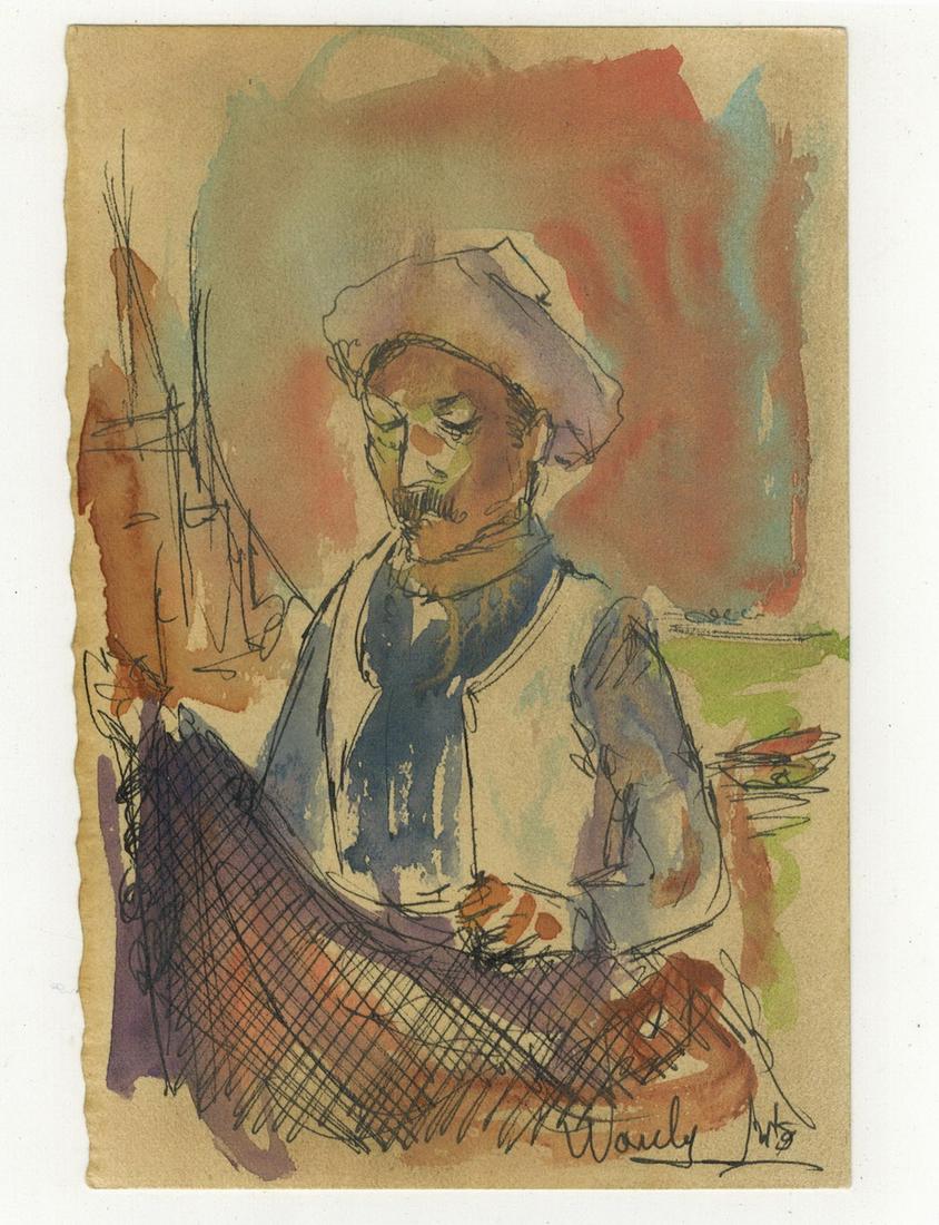 Seif WANLY (1906-1979) Egyptian artist watercolor: Seif WANLY (1906-1979) Egyptian artist watercolor of a fisherman. 3 3/4” H x 5 3/4” W. ANY INVOICE OVER $ 2,000.00 WE WILL ACCEPT PAYMENTS ONLY THROUGH CHECK OR BANK WIRE TRANSFER, SAME FO