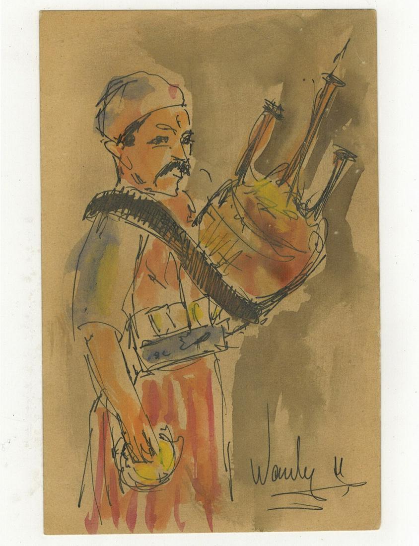 Seif WANLY (1906-1979) Egyptian artist watercolor: Seif WANLY (1906-1979) Egyptian artist watercolor of a seller. 3 3/4” H x 5 3/4” W. ANY INVOICE OVER $ 2,000.00 WE WILL ACCEPT PAYMENTS ONLY THROUGH CHECK OR BANK WIRE TRANSFER, SAME FOR I