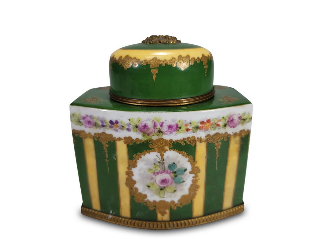 Antique French Sevres porcelain & bronze jar: Antique French Sevres porcelain & bronze jar. 5 1/4” H x 5 1/8” W x 3 3/4” D. ANY INVOICE OVER $ 2,000.00 WE WILL ACCEPT PAYMENTS ONLY THROUGH CHECK OR BANK WIRE TRANSFER, SAME FOR I
