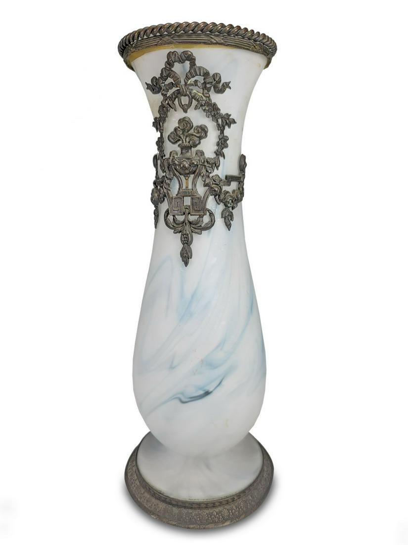 Antique French bronze & opaline vase: Antique French bronze & opaline vase. 10 3/8” H x 4” W. ANY INVOICE OVER $ 2,000.00 WE WILL ACCEPT PAYMENTS ONLY THROUGH CHECK OR BANK WIRE TRANSFER, SAME FOR INTERNATIONAL BUYERS. IF YOU