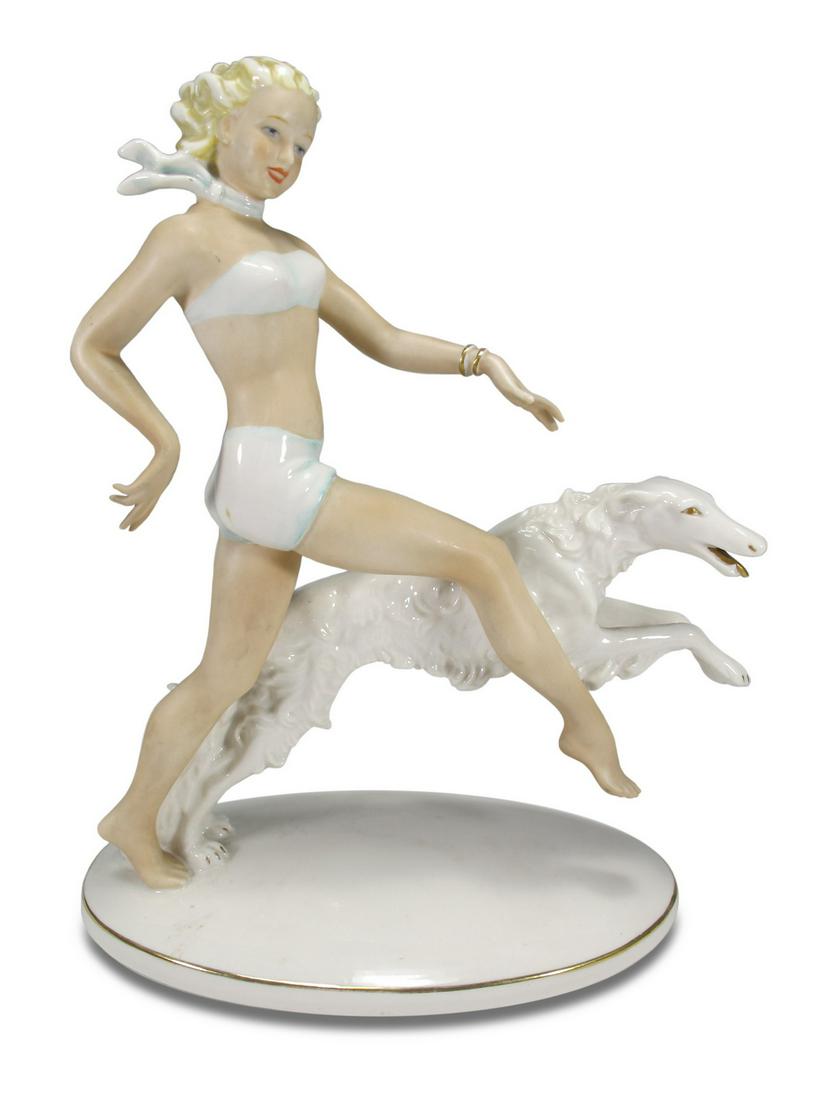 Schaubach Kunst, Germany lady & dog porcelain statue (1 of 7)