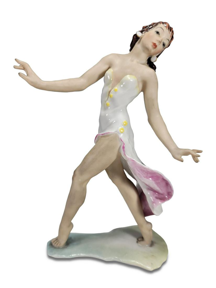 Art Deco Hutschenreuther porcelain dancer: Art Deco Hutschenreuther porcelain dancer. 8 5/8” H x 6” W x 2 3/4” D. ANY INVOICE OVER $ 2,000.00 WE WILL ACCEPT PAYMENTS ONLY THROUGH CHECK OR BANK WIRE TRANSFER, SAME FOR INTERNAT