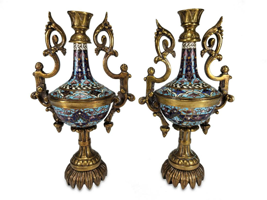 Antique French pair of bronze champleve urns (1 of 5)