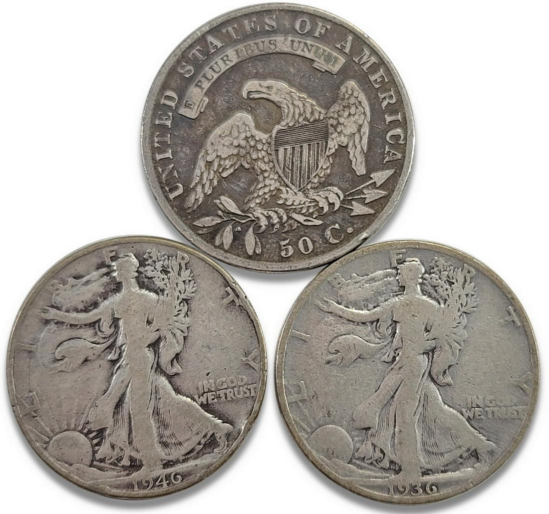 1834, 1936 & 1946 US silver half dollar coins (1 of 2)