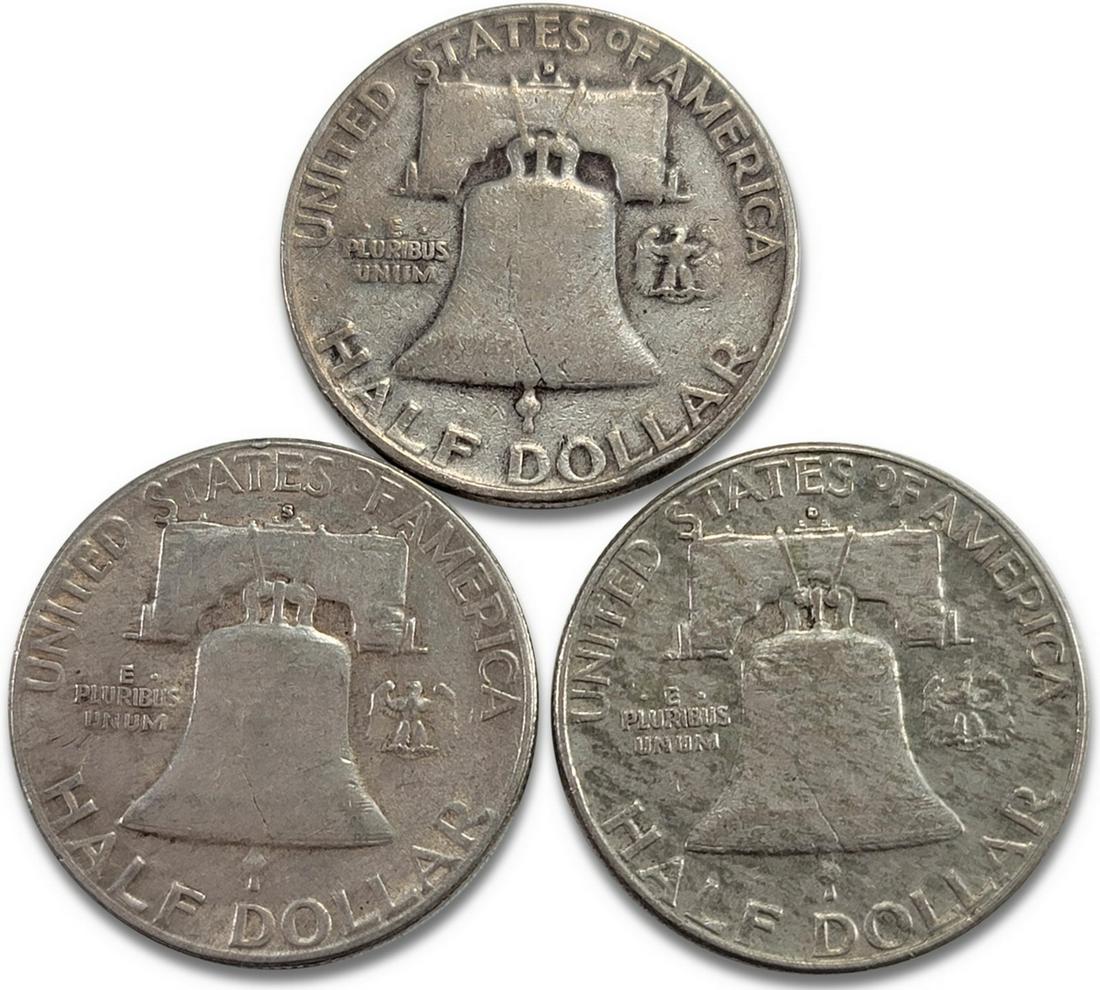 1951, 1953 & 1954 US Franklin silver half dollar coins (1 of 2)