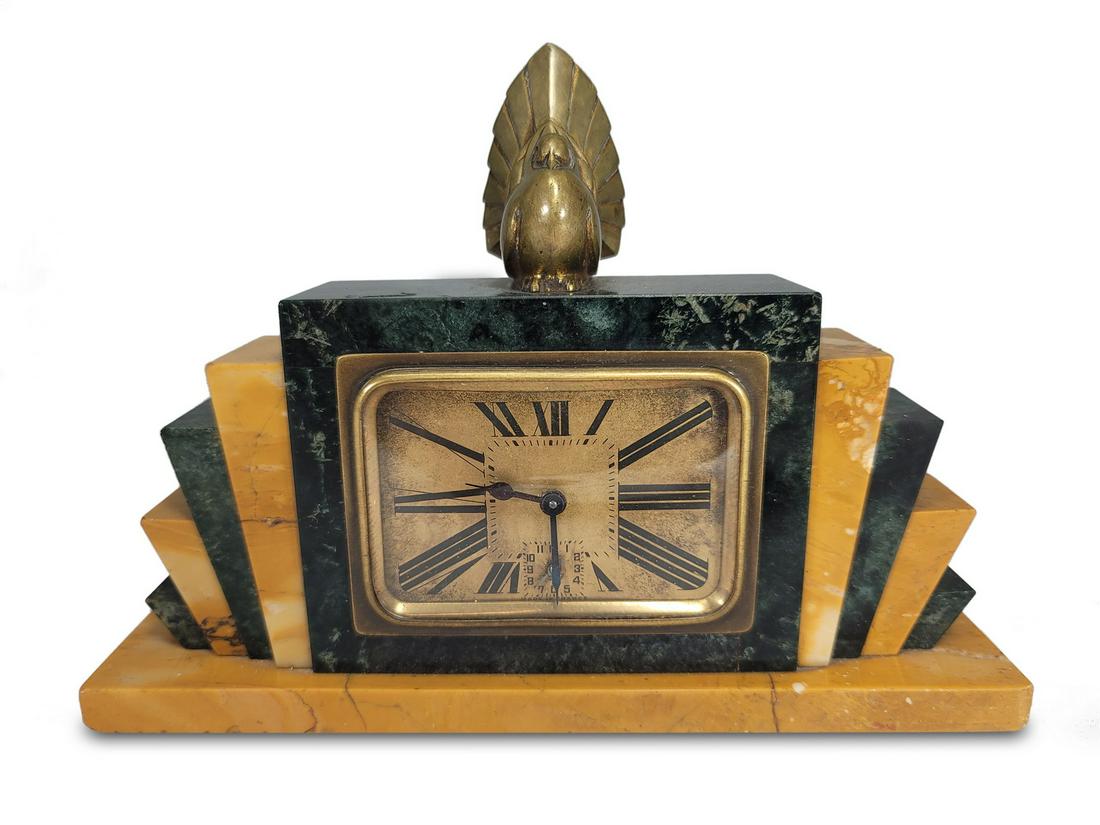 French Art Deco bronze & marble alarm clock (1 of 7)