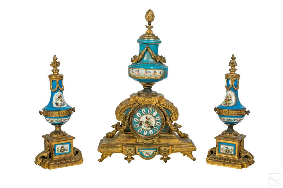 Miroy Freres, Paris 19th C bronze & porcelain clock set (1 of 13)