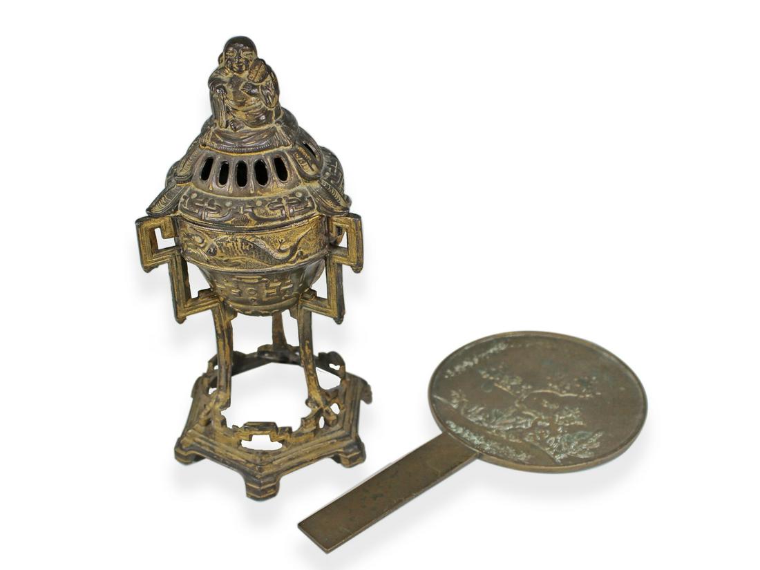 Antique Chinese bronze incense burner and plaque (1 of 6)