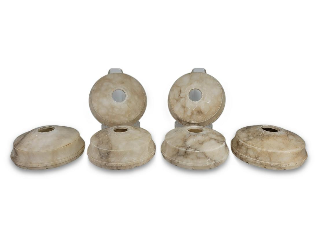 Antique set of 6 alabaster shades: Antique set of 6 alabaster shades. 3” H x 7 3/4” W. ANY INVOICE OVER $ 2,000.00 WE WILL ACCEPT PAYMENTS ONLY THROUGH CHECK OR BANK WIRE TRANSFER, SAME FOR INTERNATIONAL BUYERS. IF YOU PAY 