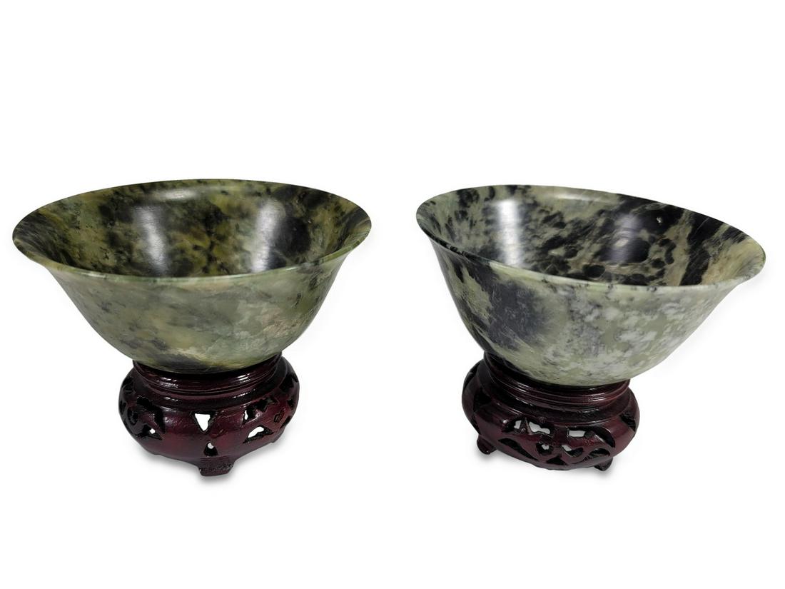 Chinese pair of stone bowls with a wood base (1 of 4)