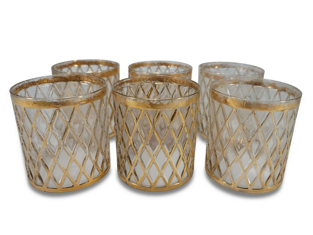 Mid Century 6 pcs of gold glasses: Mid Century 6 pcs of gold glasses. 3 1/4” H x 3 1/8” W. ANY INVOICE OVER $ 2,000.00 WE WILL ACCEPT PAYMENTS ONLY THROUGH CHECK OR BANK WIRE TRANSFER, SAME FOR INTERNATIONAL BUYERS. IF YOU