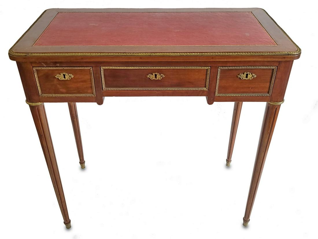 French Louis XVI style leather top desk: French Louis XVI style leather top desk. 29 5/8” H x 31 1/2” W x 16 5/8” D. ANY INVOICE OVER $ 2,000.00 WE WILL ACCEPT PAYMENTS ONLY THROUGH CHECK OR BANK WIRE TRANSFER, SAME FOR INT