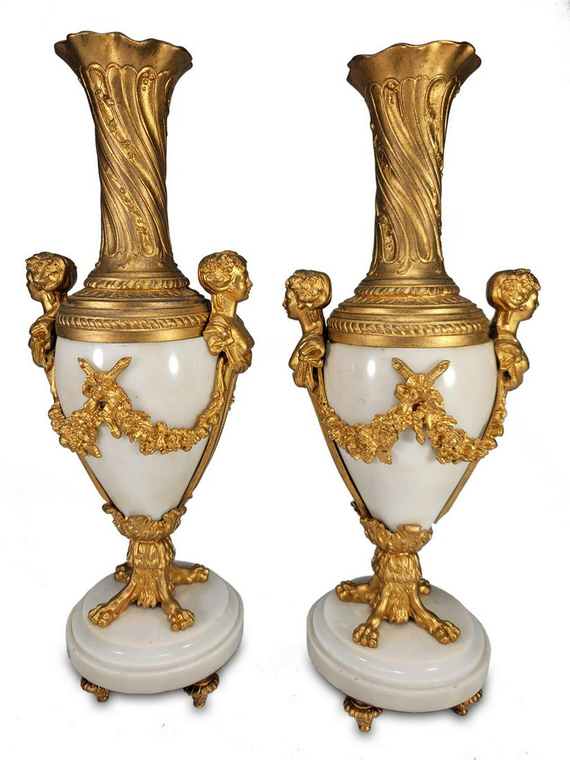 Antique French pair of gilt spelter & marble urns (1 of 4)