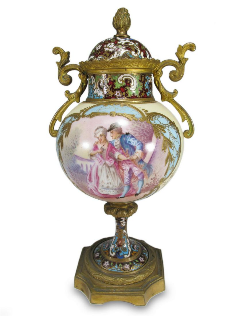 Antique French bronze champleve & porcelain urn (1 of 6)