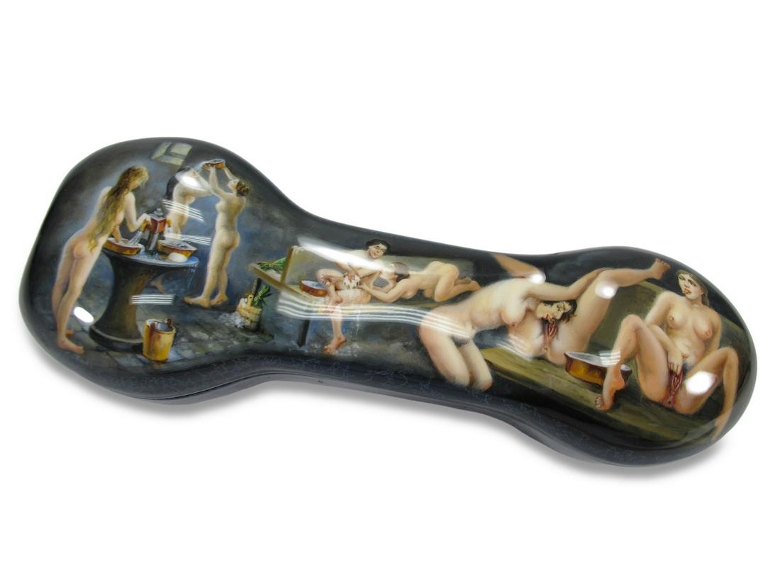 Russian Erotic papier mache box: Russian Erotic papier mache box. 1 3/4” H x 7” W x 2 5/8” D. ANY INVOICE OVER $ 2,000.00 WE WILL ACCEPT PAYMENTS ONLY THROUGH CHECK OR BANK WIRE TRANSFER, SAME FOR INTERNATIONAL BUYE