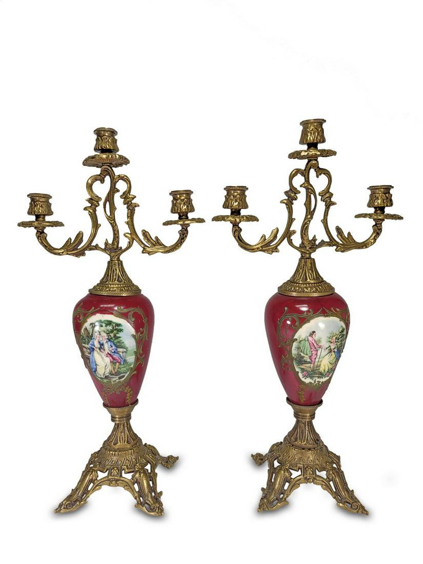 Vintage French pair of porcelain & bronze candelabras: Vintage French pair of porcelain & bronze candelabras. 17 7/8” High x 9 1/8” Wide x 5 1/4” Deep. ANY INVOICE OVER $ 2,000.00 WE WILL ACCEPT PAYMENTS ONLY THROUGH CHECK OR BANK WIRE T