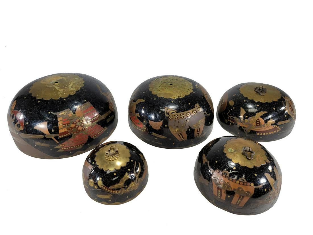 Set of 5 Oriental inlaid bronze temple bells (1 of 8)