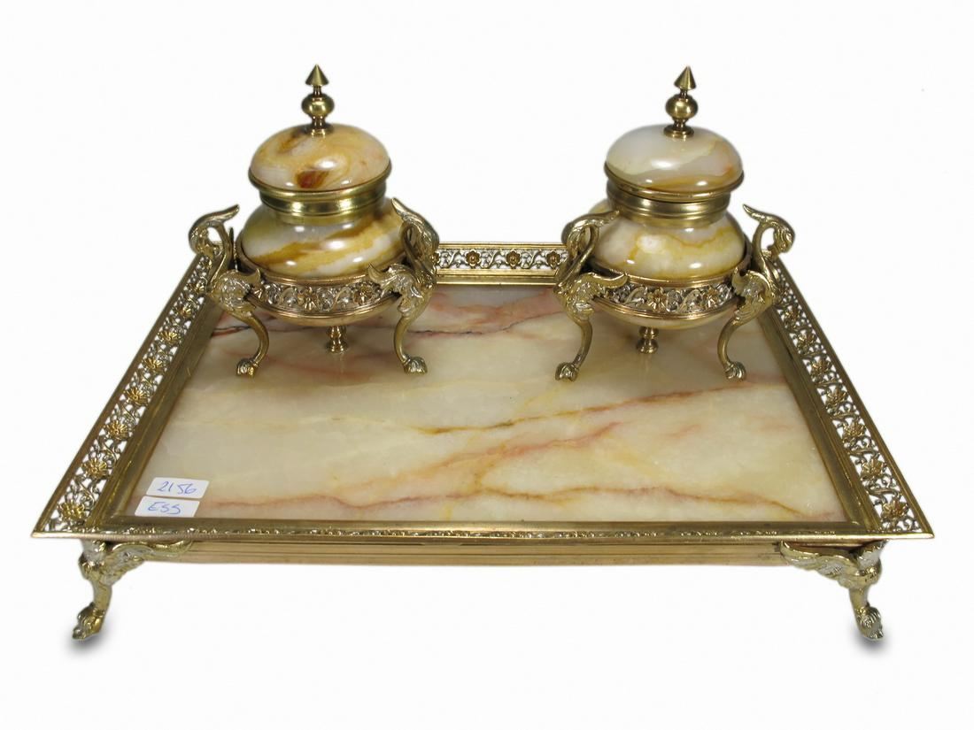 Antique French gilt bronze & onyx inkwell (1 of 7)